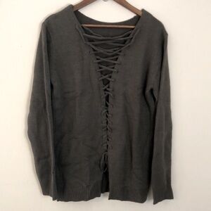 Tobi army green neutral boho knit Sweater lace up front V neck soft & warm SZ SM